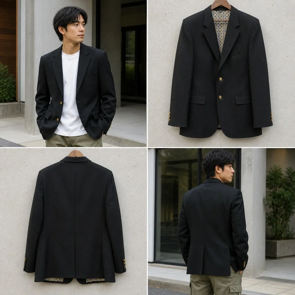 Vintage The Knack Wool Blazer Mens‎ Black Gold Crest Buttons Union Made USA 42R
